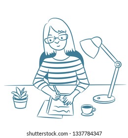 Woman Writing on Desk. Line Art. Vector. Isolated Background.