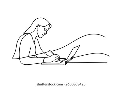 Woman writing on laptop with pen drawing