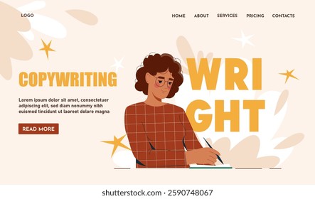 Woman writing on a notepad, flat design, on a light background. Concept of copywriting and content creation. Vector illustration