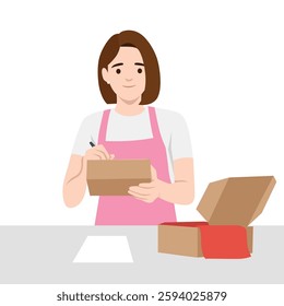 Woman is writing on a package while preparing a box for shipping, ensuring everything is in order. Flat vector illustration isolated on white background