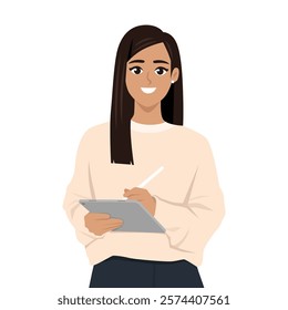 Woman Writing on Tablet. Flat vector Character Illustration