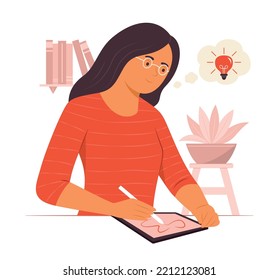 Woman Writing on Tablet and Thinking Good Idea