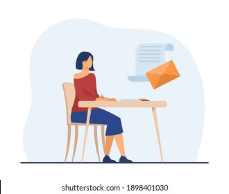 Woman writing paper letter. Envelope, message, handwriting. Flat vector illustration. Mail, paperwork, correspondence concept for banner, website design or landing web page