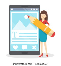 Woman writing post for her blog in the internet. Creative content. Working as copywriter or editor. Vector illustration in cartoon style