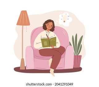 Woman writing sitting in armchair concept. Afro american girl having an idea. Cozy home scene with armchair, plant, lamp. Flat vector illustration