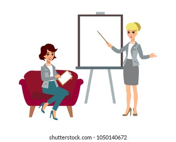 Woman writing something and another woman present a project. Vector illustration with cartoon characters. Team building. Leadership. Management. Successful team.