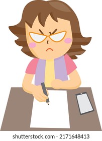 A woman writing something at the desk with an angry face, a smartphone on the desk