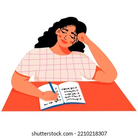 Mujer escribiendo un texto en un cuaderno con un bolígrafo. Lista de tareas pendientes. Sentado en la mesa.  Muchacha estudiando. Ilustración del vector