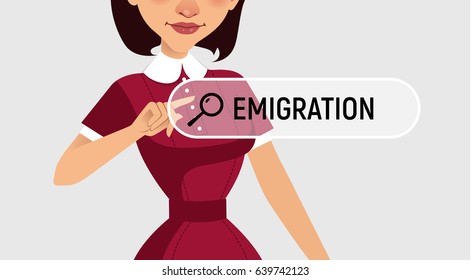 Woman is written EMIGRATION in search bar on virtual screen. Vector illustration, banner