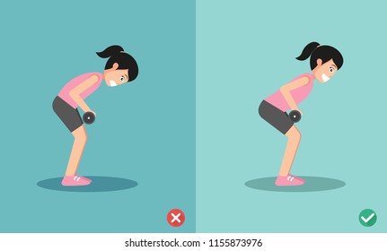 Woman wrong and right bent over row posture,vector illustration