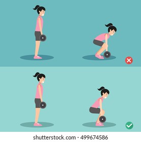 Woman wrong and right deadlift posture,vector illustration
