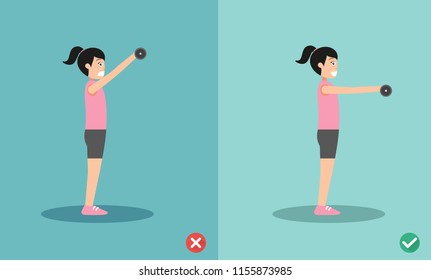 Woman wrong and right dumbbell front raise posture,vector illustration