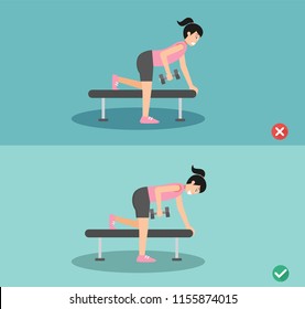 Woman wrong and right one arm dumbbell row posture,vector illustration