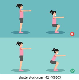 Woman Wrong And Right Squat Posture,vector Illustration