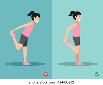 Woman wrong and right stretching front of thigh posture,vector illustration