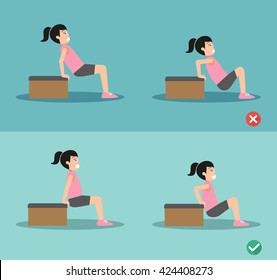 Woman wrong and right tricep dip posture,vector illustration