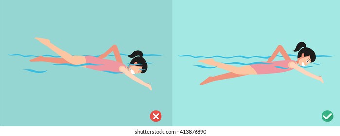 Woman wrong and right ways for swimming, illustration, vector