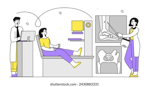 Mujer en X ray linear. Radiología y radiografía. Atención médica y tratamiento, diagnóstico. Médicos con paciente en sala. Ilustración plana simple del vector aislada en el fondo blanco