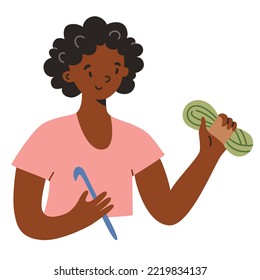 Woman with yarn and crochet hook, doodle icons of crocheting craft, vector illustration of trendy needlework, isolated colored clipart on white background