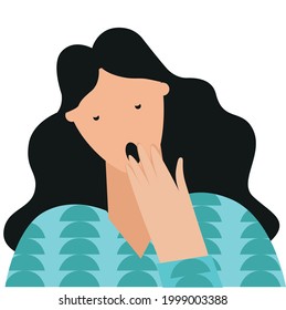 Woman yawning covering her mouth with her hand on a white background
