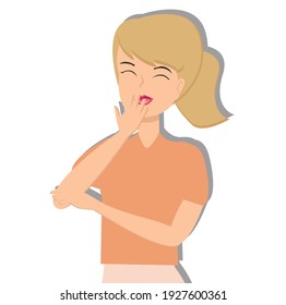 Woman yawning covering mouth by hand concept. Creative idea design for template, brochure or presentation.