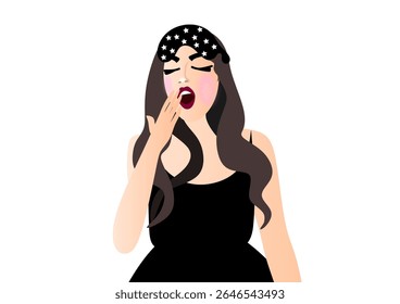 Mulher bocejando e se preparando para dormir, descansar e dormir saudável, usando óculos de sono e camisola preta