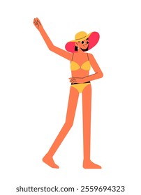 Woman In Yellow Bikini With Pink Hat Waving Hand In Flat Vector Illustration Symbolizing Summer, Beach Fun, And Vacation, Isolated On White Background