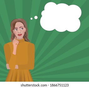 Woman in yellow blouse thinking. vector