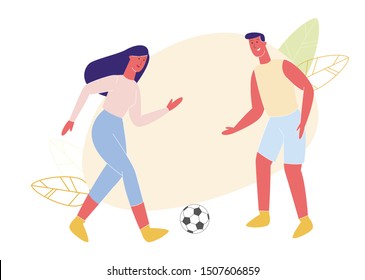 Woman in Yellow Boots and Man Play Football in Street. Vector Illustration. Family Spends Time Together. Funny Company. Park Area. People in Sportswear Actively Spend Weekend. Woman Butset Soccer Ball