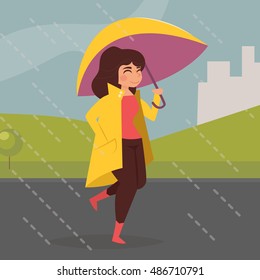 Woman in yellow coat under a purple umbrella. Jump through puddles. Vector illustration. Cartoon character. Isolated. Rain