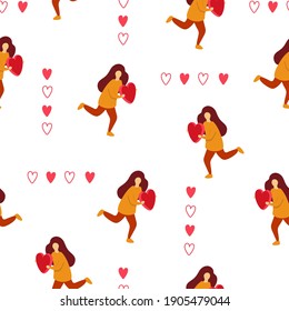 woman in yellow dress with red heart seamless pattern on white background. girl bring love shape heart. girl run with love