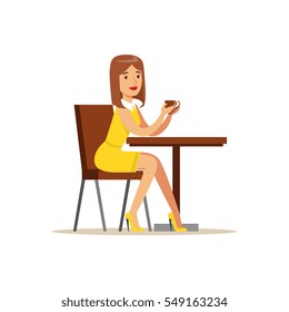 Woman In Yellow Dress Sitting In The Coffee Shop Table Alone Drinking Her Coffee Vector Illustration