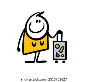 Woman in yellow dress and travelling suitcaseon wheels. Vector illustration of female stickman  voyage abroad. Cartoon image isolated on white background.
