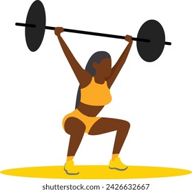 Frau im gelben Gym-Kit Üben mit Langhantel. Gewichtheben als flache Illustration. Bodybuilding. Vektor-isolierte Silhouette