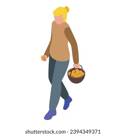 Woman with yellow mushrooms icon isometric vector. Beautiful activity. Beautiful brown coat