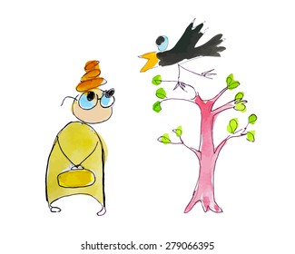 Woman in yellow and raven. Isolated doodle