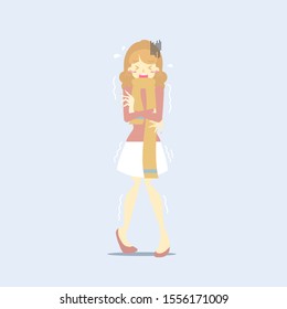 woman in yellow scarf, arm crossed shaking, shiver, chills, health care concept, vector illustration cartoon flat character design