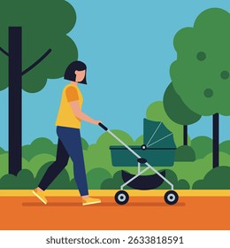 A woman in yellow shirt and blue pants pushes a stroller through a park, trees and bushes in the background.