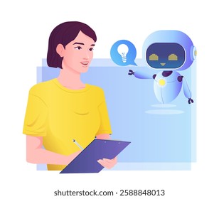 Woman in yellow shirt interacting with friendly AI robot. Robot shares idea, represented by lightbulb icon. Concept of artificial intelligence, human collaboration. Vector illustration