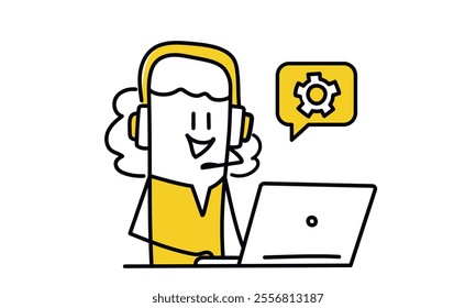 Woman in a yellow shirt is talking on a phone while sitting at a desk with a laptop. Hand drawn vector illustration. Black and white.