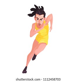 A woman in a yellow sport suit runs on a white background