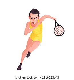 A woman in a yellow sports suit runs with a tennis racket