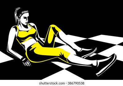 Woman in yellow sportswear make leg exercise on checkered floor. Illustration about sport and health 