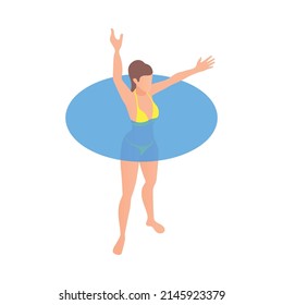 Mujer con traje de baño amarillo haciendo aeróbic acuático en piscina Icono isométrico ilustración vectorial