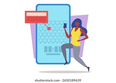 Woman in yellow top and gray pants running with smartphone in her hand. Energetic and focused woman immersed in digital interaction while outside