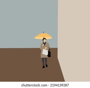 Woman with a yellow umbrella and shopping bags walking on street. Successful female shopper outside