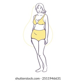 Mujer en ropa interior amarilla con forma de cuerpo Vector contorneado de pera ilustración plana. Mujer en bikini traje de baño anatomía figura constitución apariencia forma tipo proporción silueta femenina construir