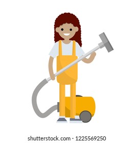 A woman in a yellow uniform holding a vacuum hose for cleaning dust and dirt. Home appliances. Technical service worker.
