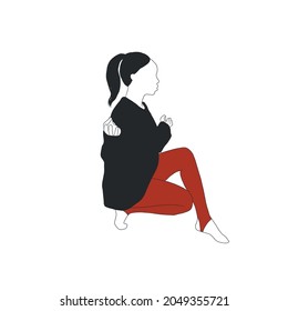 Woman in yoga asana. Hand drawn linear female silhouette in spiritual magic style. 