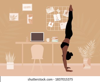 Woman yoga asana and Handstand. Doing sports at home. Girl Engaged in Fitness Flat Style Vector Stock Illustration